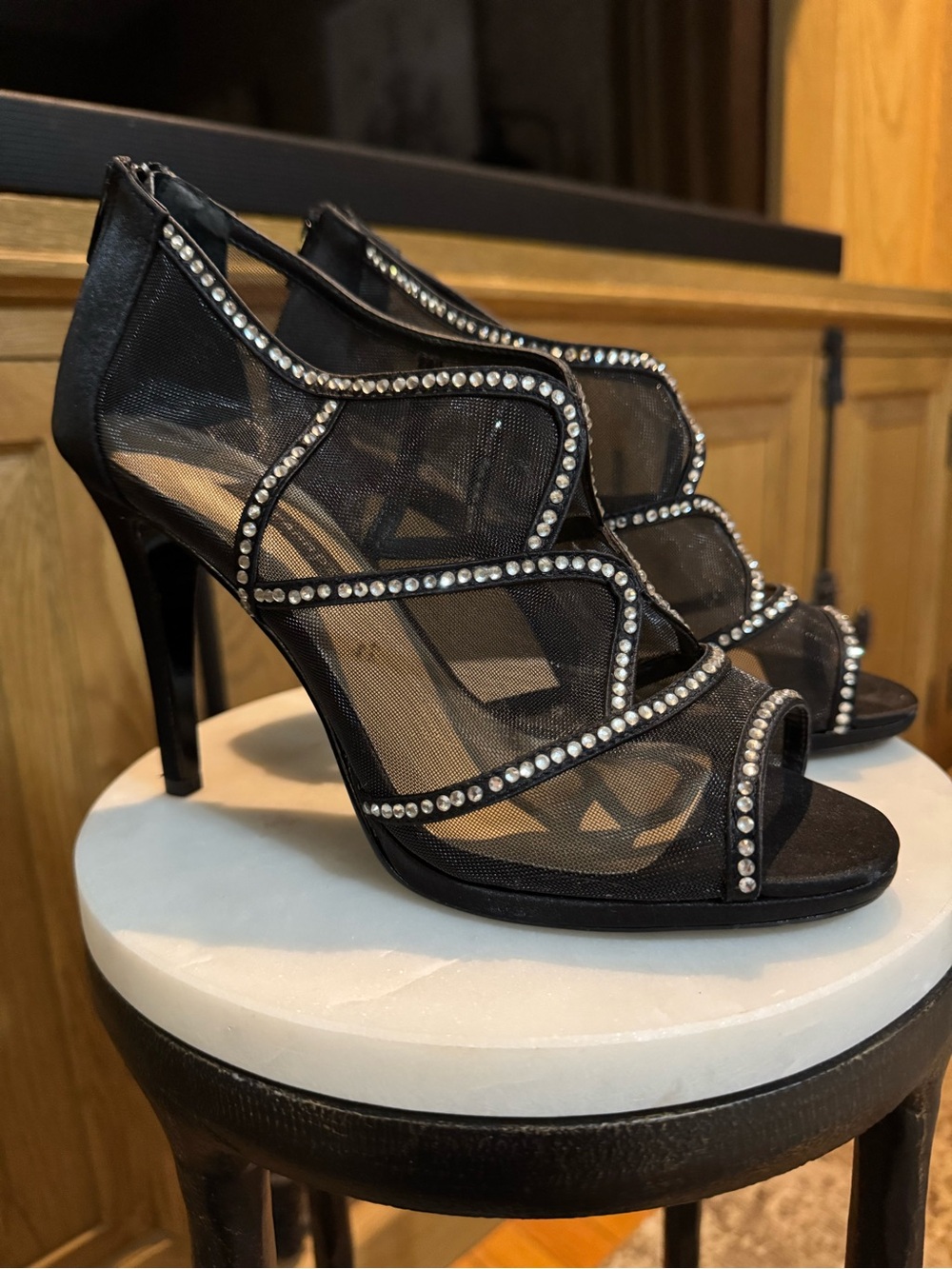 Caparros Black Mesh Rhinestone Trim Open-Toe Stilettos